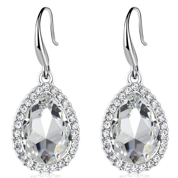 14K White Gold with White Diamond Austrian Crystal Teardrop Halo Hook Earrings